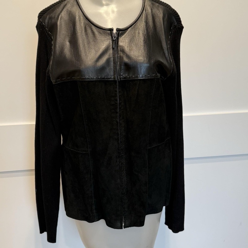 Vintage Escapade Womens Black Suede RibKnit Mixed Media Zip Front Jacket Size XL